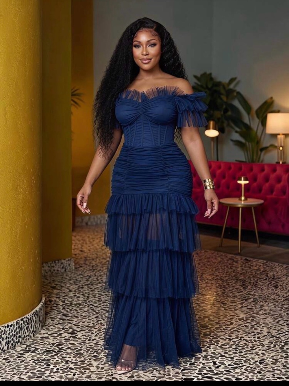 SHEIN Navy Off-Shoulder Tiered Tulle Evening Gown